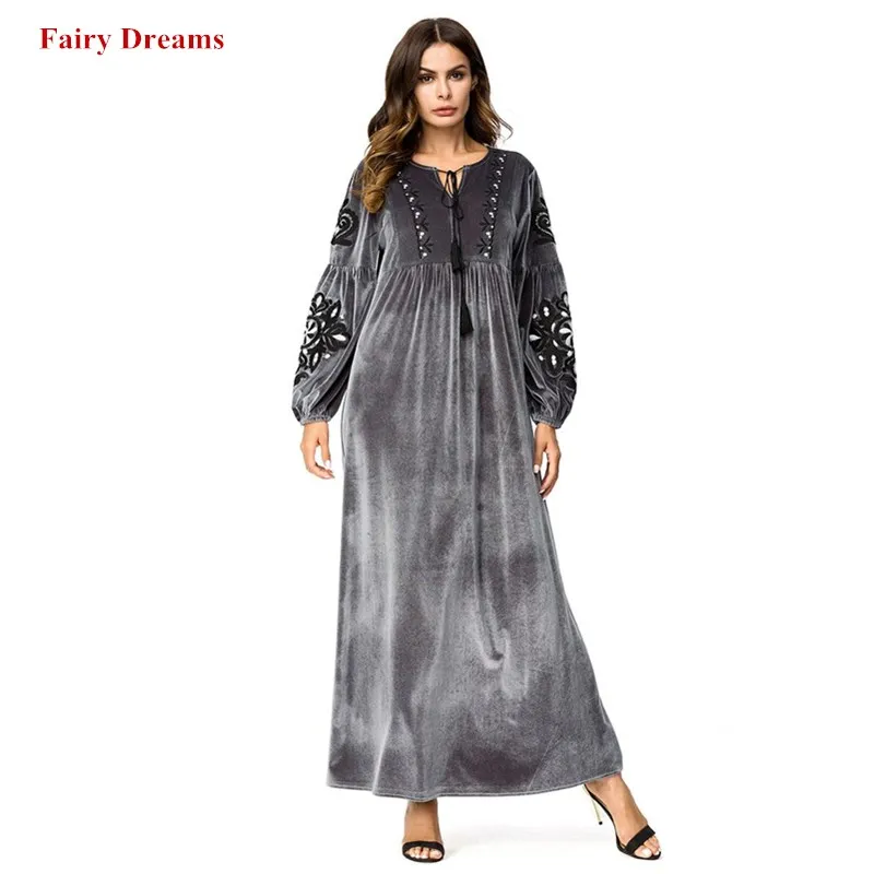 

Velvet Abayas For Women Flowers Embroidery Silver Muslim Dress Kaftan Turkish Arab Dubai Islamic Plus Size Clothing Long Robe
