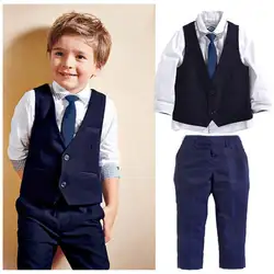 Маленький джентльмен детская одежда для мальчиков комплект рубашка с длинными рукавами жилет, галстук Топы корректирующие Длинные брюки 4