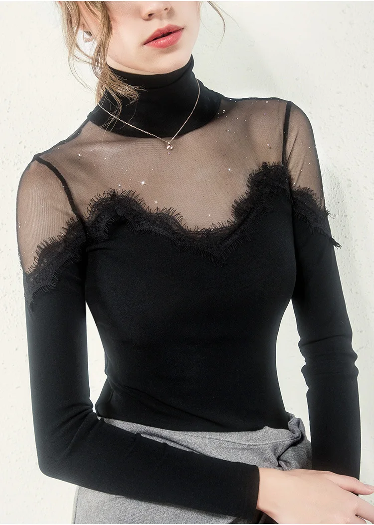 New T shirt Women Transpanrent Mesh Patchwork Eyelash Lace Elegant Sexy Turtleneck Tops Bottoms Stretchy Long Sleeve T91095