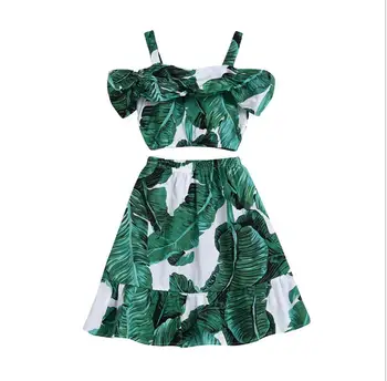 

New 2019 Baby Girls Summer Cotton Green Banana Leaf Pattern Sets, Printed Strapless Top + Skirts 5 sets/lot, Wholesale