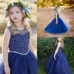 2019 голубое платье с блестками и бусинами для девочек с цветочным узором, со шнуровкой сзади, украшенное жемчужинами, Тюлевое платье