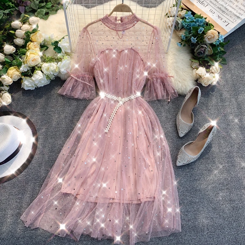 النساء تألق الترتر اللؤلؤ حزام قصيرة الأكمام شبكة Ycasual اللباس سيدة الحلو أنيقة Vestidos F421