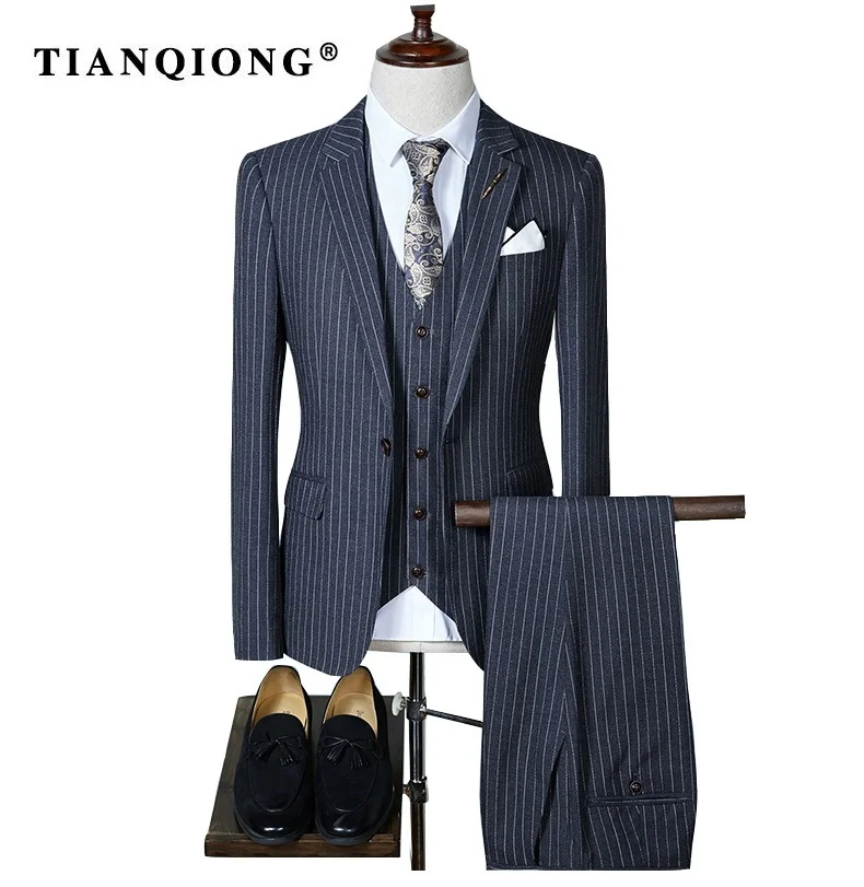TIAN QIONG, высокое качество, мужские костюмы, модные, в полоску, мужские, приталенный, деловой, свадебный костюм, мужской свадебный костюм(блейзеры+ жилет+ брюки - Цвет: Серый