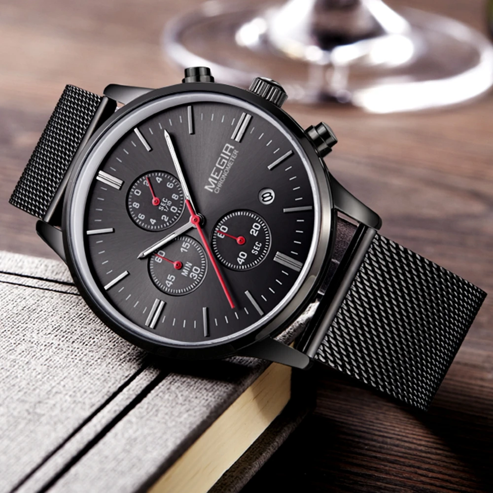 

Luxury Brand MEGIR Watch Men Stainless Steel Mesh Band Watches Men's Quartz Sport Watch Chronograph Male Clock Relogio Masculino