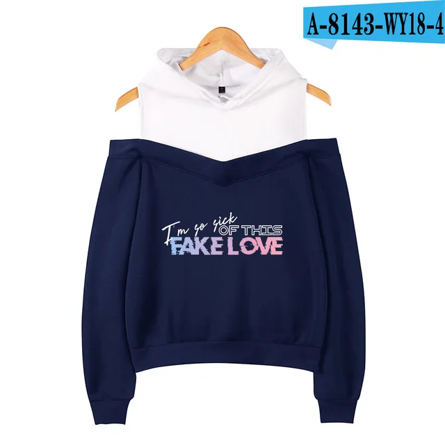 New Bangtan Boys Fake Love Off-shoulder Hoodies Women's Fashion Sweatshirt Print Fake Love Hip Hop Hoodie Pullover Hooded - Color: LJ-navy blue