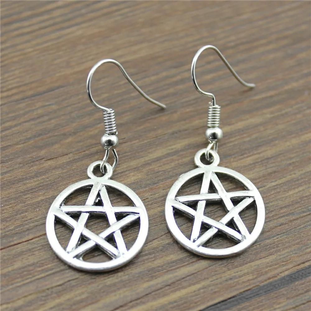 

Handmade Antique Silver Color Small Round Shape Pentagram Star Drop Earrings For Women