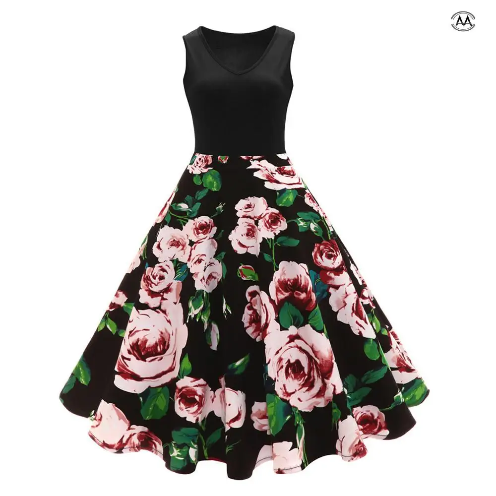 

High-Waist Pleated Dress Plus Women Sleeveless Floral Hepburn Vintage Button vestidos verano 2018 Beach Sundress Women Summer