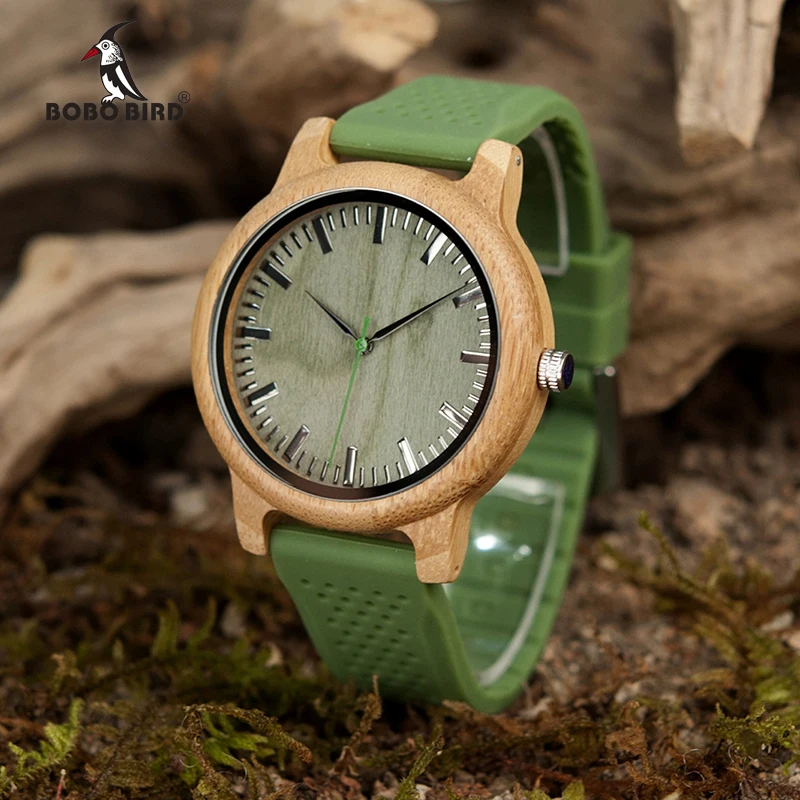 Бобо птица бамбуковые деревянные часы для мужчин кварцевые часы с зеленым силиконовым ремешком дополнительный ремешок для мужчин подарок с коробкой relogio masculino W-B06
