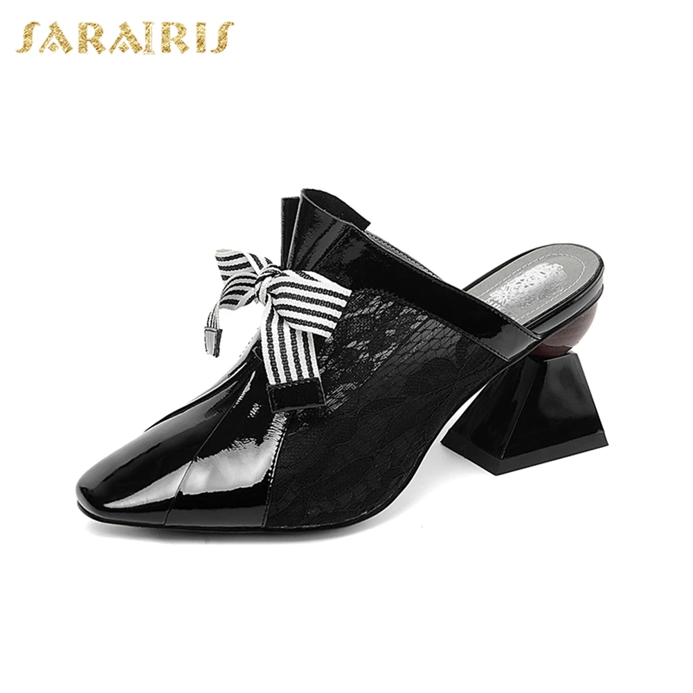 

Sarairis 2019 Fashion Natural Leather Shoes Mules Women Summer Lace Mesh High Heels Slippers Women Shoes Woman Big Size 33-43