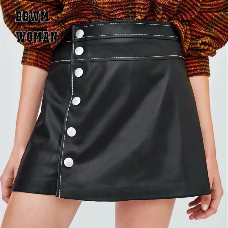 Осень 2018 г. искусственная кожа Высокая талия юбка мода кнопка Декор Черный цвет молодых леди юбки для женщин ZO618