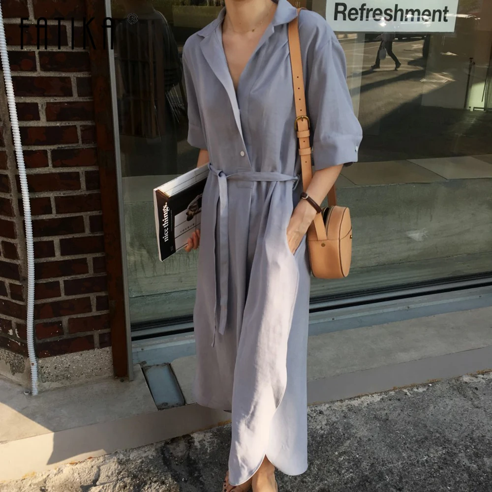 

Fatika Normcore Short Sleeve Sashes Dresses Spring Summer Turn Down Collar Pockets Solid Streetwear For Women 2019 Hot