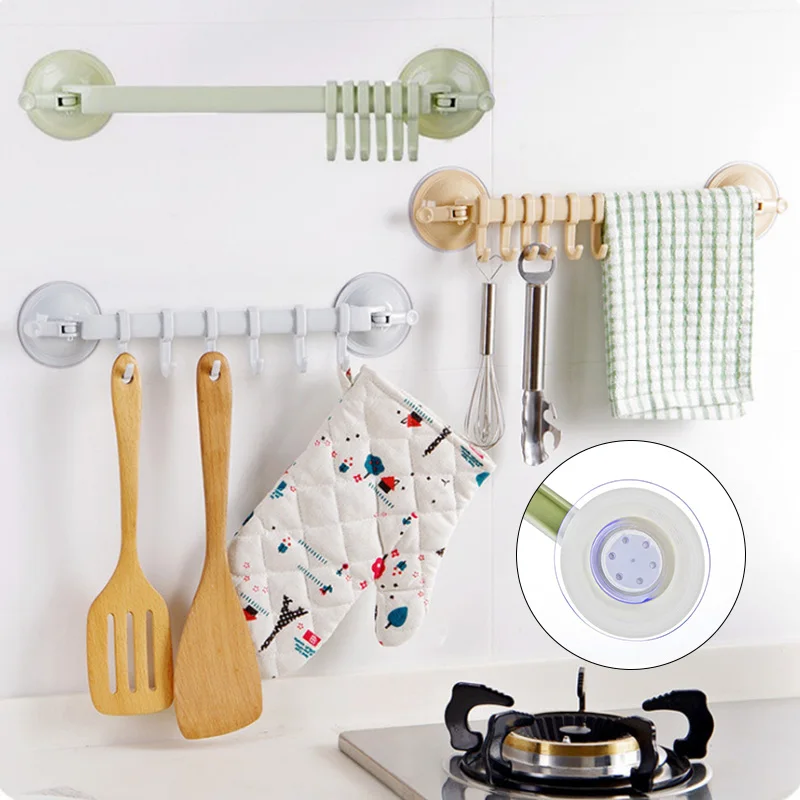 

Bathroom Suction Cup Hanger With 6 Pcs Hooks Mutifunction Vacuum Rack Kitchen Wall Sucking Hanger