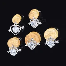 1pcs Natural Organic Bamboo Wood Heart Dangle Double Flared Saddle Flesh Tunnels Plugs Clear CZ Gauges Ear Stretcher Earrings