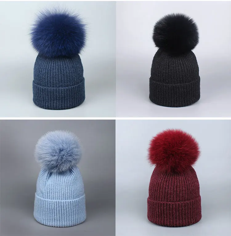 Для девочек Pom Beanie теплая вязаная Bobble меховым помпоном шапка и шарф комплект натуральным лисьим мехом помпоном зимняя шапка skullies