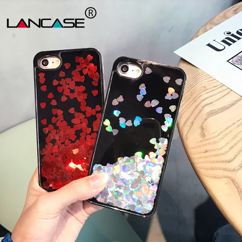 LANCASE Hearts Case for iPhone 8 Bling Glitter Quicksand Iridescent PC Hard Confett Back Cover Plus Coque |