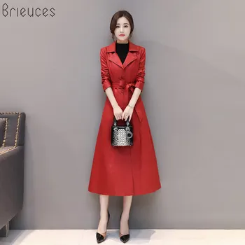 

b New 2019 Winter Autumn Motorcycle leather jackets X-long turn down collar leather jacket women leather coat plus size S-5XL