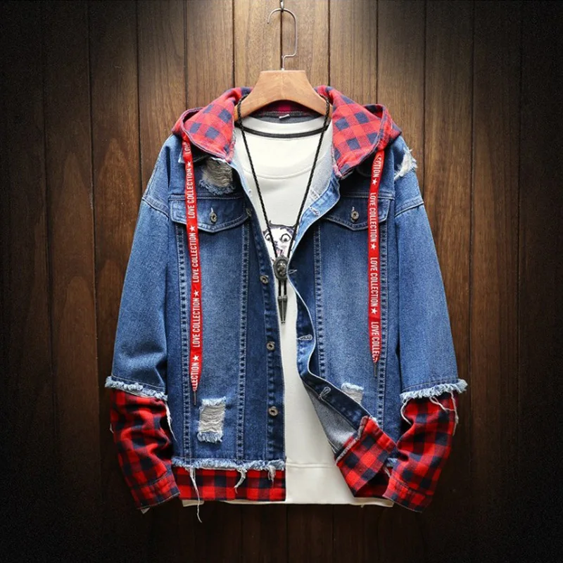 2018 Autumn Winter Fashion Jacket For Men Plaid Stripe Spliced Ripped Denim Jacket Men Youth Streetwear Hip Hop Jacket Hooded
