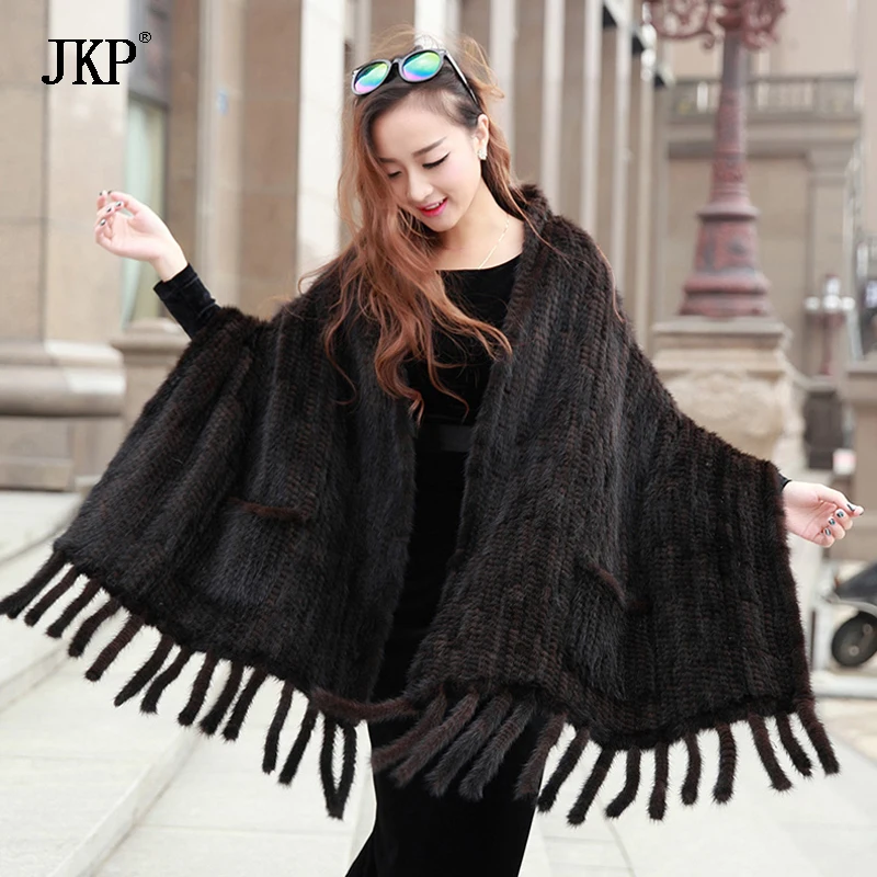 Genuine Real Knitted Mink Fur Scarves with Tassels Scarf Wraps Mink Fur ...