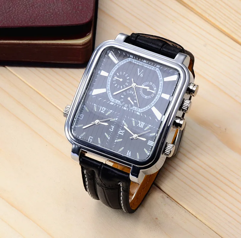 Новые модные и повседневные часы V6 Большой Прямоугольный циферблат Кварцевые черные кожаные кварцевые аналоговые часы для мужчин спортивные военные часы