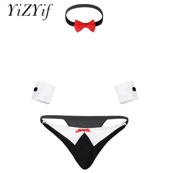 

3Pcs/Set Men Underwear Thong Gay Jockstrap Tanga Hombre Bow Tie Tuxedo G-string Briefs Collar Bracelets Sexy Men Lingerie