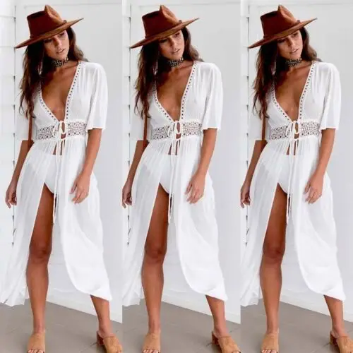 

Ladies Summer Beach Lace Crochet Bikini Cover Up Long Tops Maxi Beach Dress Swimwear Lace Up Beachwear