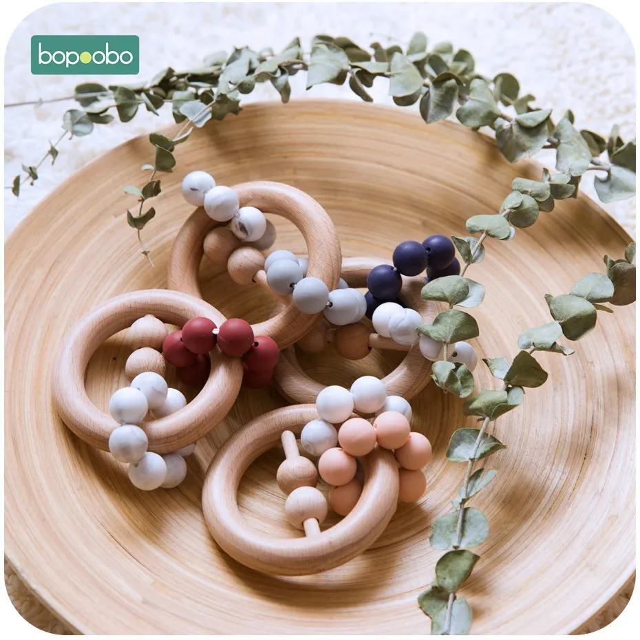 Bopoobo 1PC Baby Silicone Beads Infant Toys Crib Bed Bell Rattle Wood Stroller Newborn Organic Wood 4