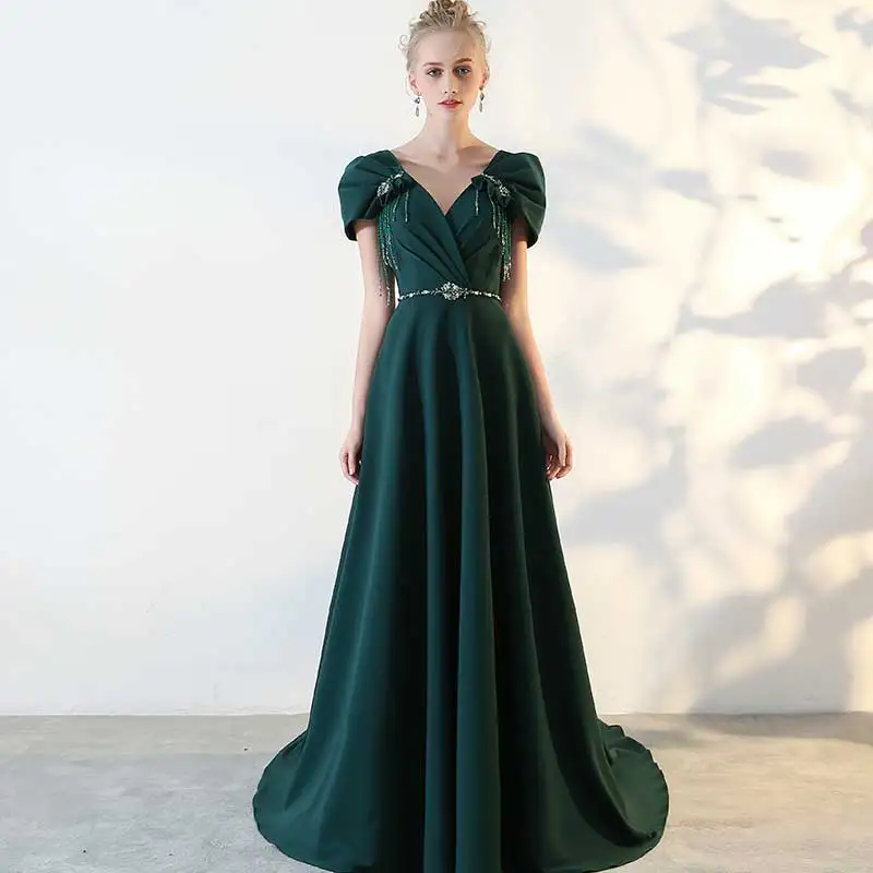 Crystal Appliques Evening Dresses Spandex Sequined Chapel Train V-Neck Cap Sleeve A-Line Floor-Length Skirt Party Dress | Свадьбы и