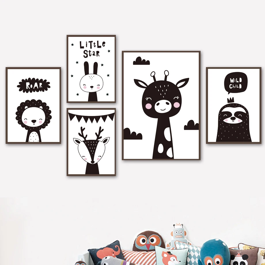 

Wall Art Canvas Painting Black White Deer Lion Rabbit Giraffe Animal Nordic Posters And Prints Wall Pictures For Kids Room Decor