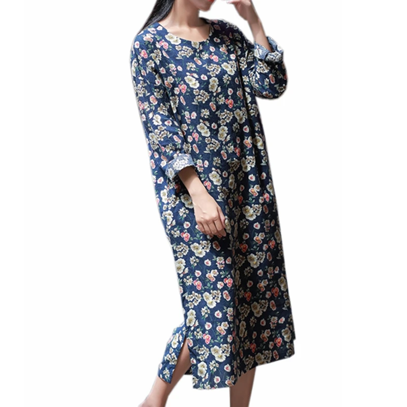 100 Cotton Long Floral Dress Plus Size Side Slits Flower Print Robe