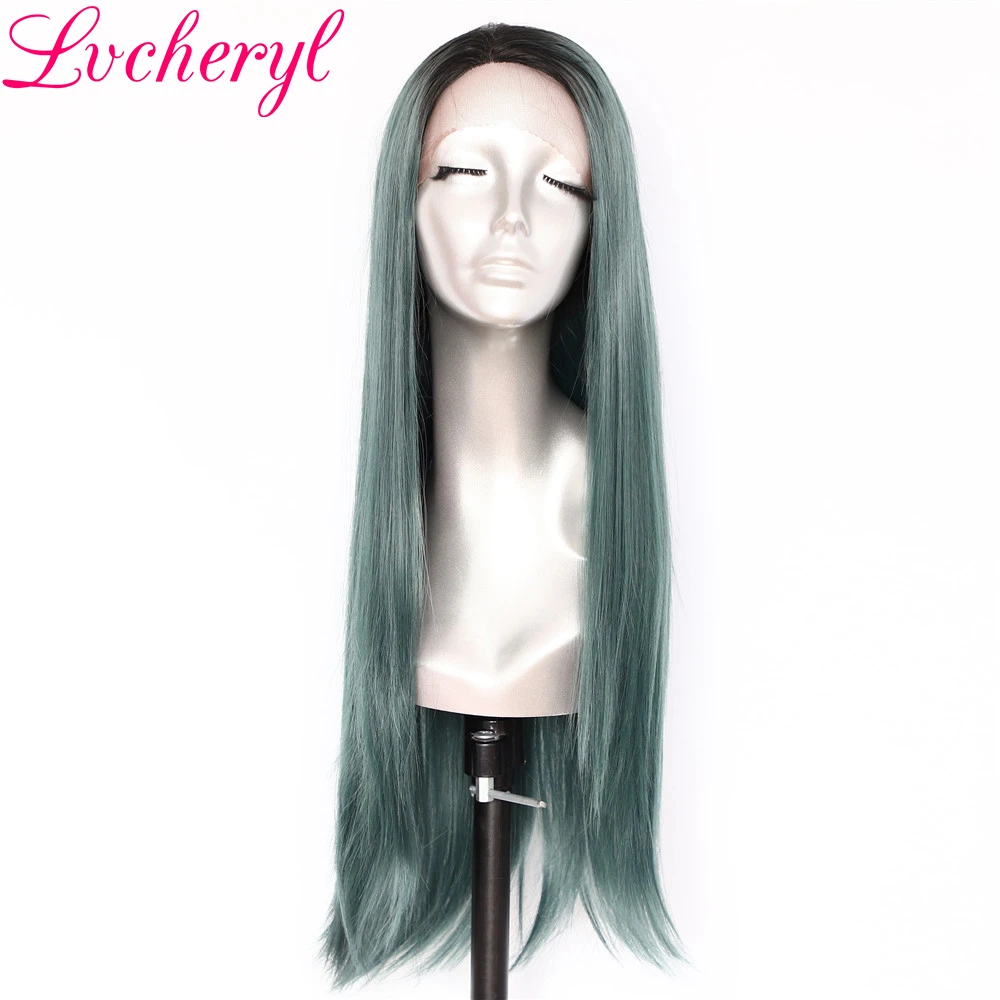 Lvcheryl Ombre зеленый темные корни High связали парики шелковистая прямая глубоко л