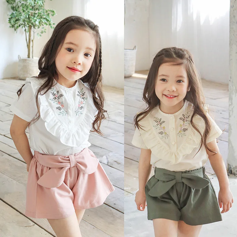 

2019 New summer spring flouncing cotton solid White baby kids girls Blouse white shirts with Short sleeves for children girls