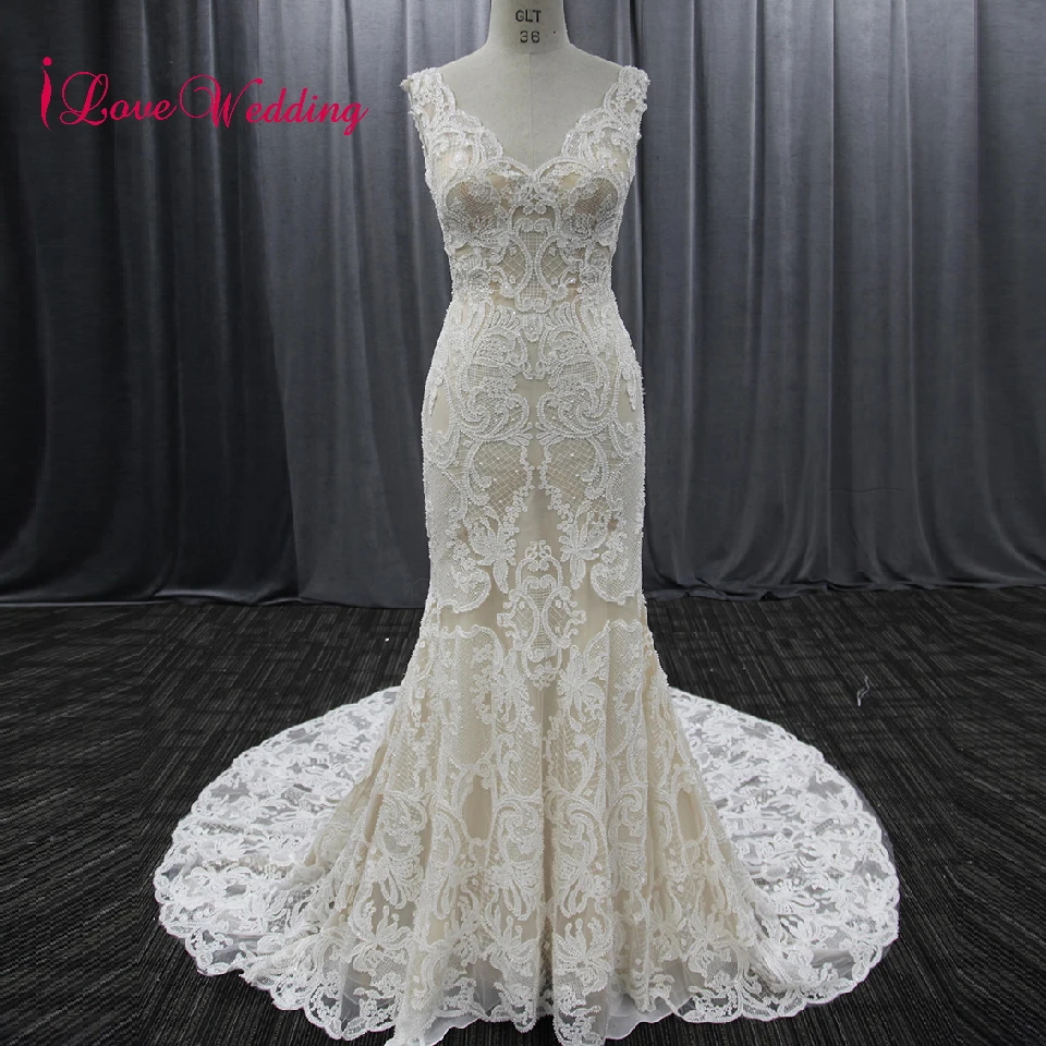 

2019 Top Quality Wedding Dress Mermaid V Neckline Fishtail Lace Tulle Wedding Gown Sexy Backless Pearls Beaded Bridal Gown