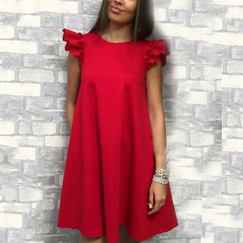

Women Party Dress Ladies Butterfly Sleeve o Neck Elegant Dress New Fashion Summer Solid Color Mini Princess Bud Dress