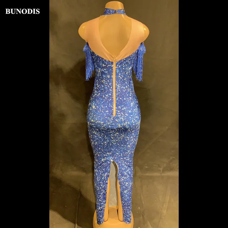 ZD455 женская синяя сексуальная Длинная юбка без рукавов блестящая кисточка сцена для ночного клуба Одежда танцор певец 3D печатных шикарные костюмы