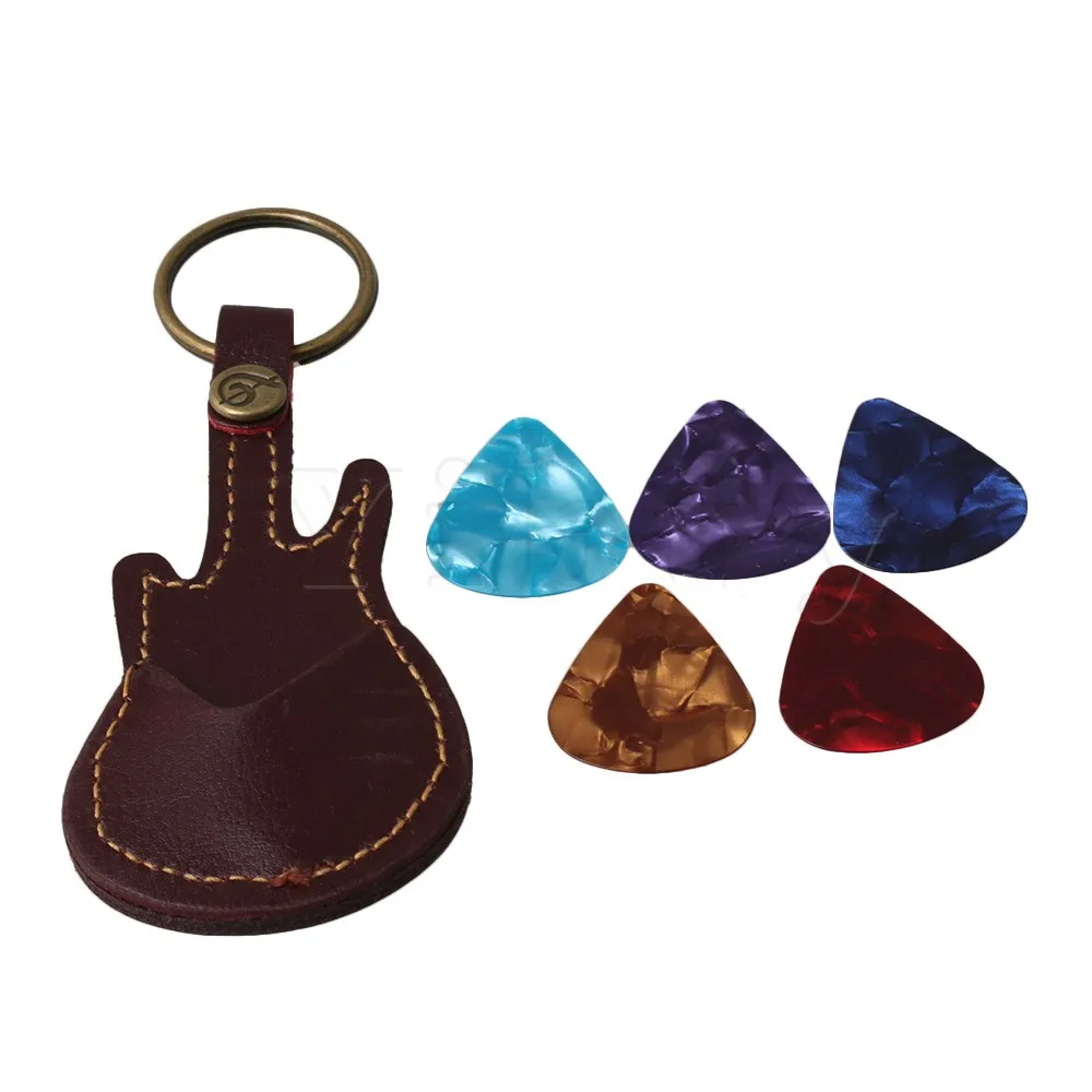Yibuy Key Ring Guitar Picks Holder Leather Guitar Plectrums Case Bag + 4 Acustic Electric Guitar