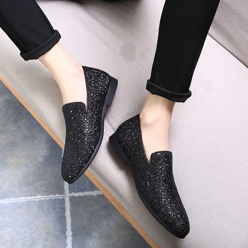 2019 Для мужчин блестками лоферы из ткани Slip-on Для мужчин Туфли без каблуков Блестящий глиттер Мужская Свадебная обувь плюс Размеры EU37-48 Для