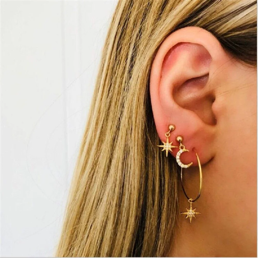 

4Pcs/Set Bohemian Crystal Moon Star Stud Earring Ear Stud Round Earring Set Jewelry for Charm Women Girl