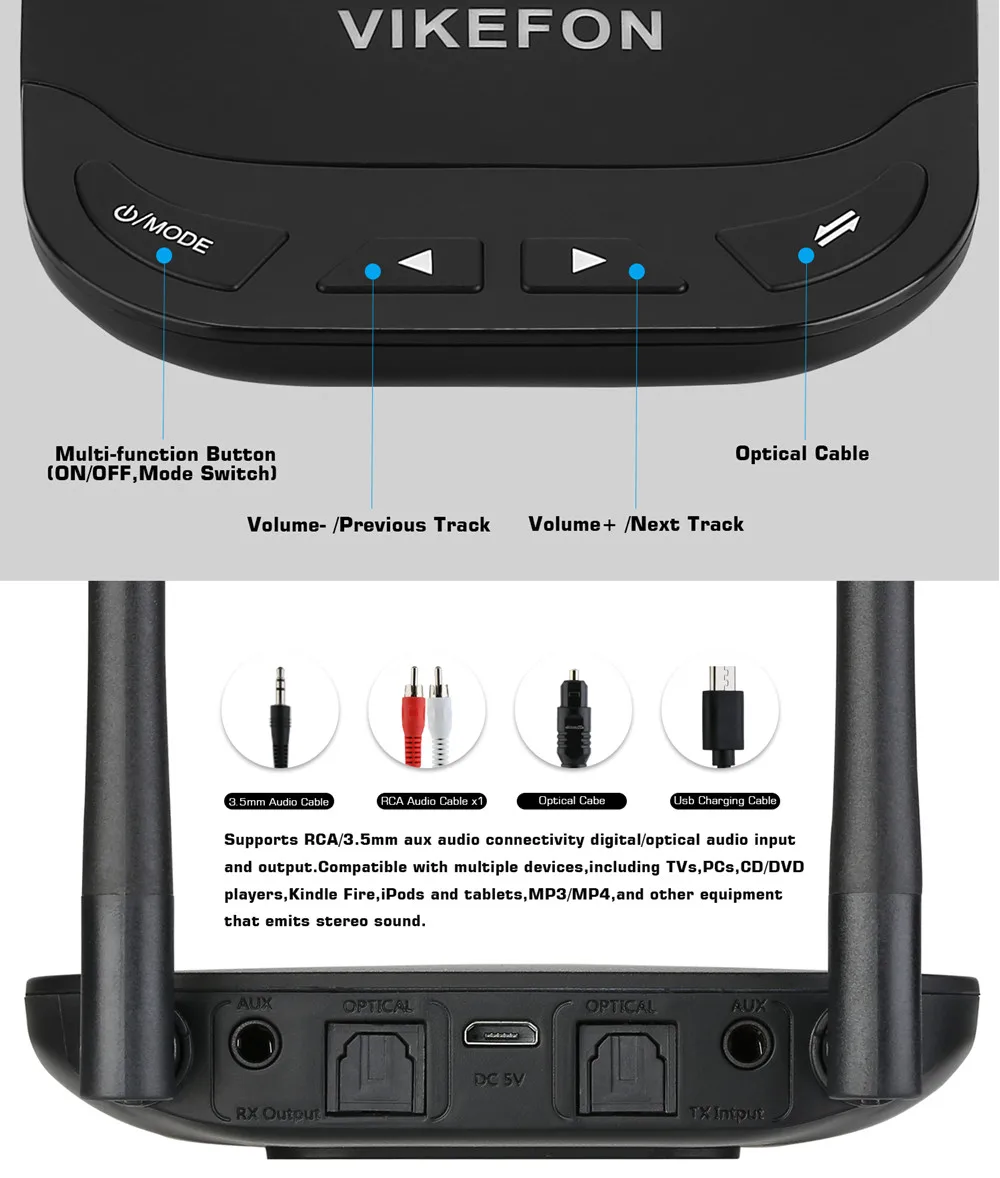 VIKEFON 262ft/80m Bluetooth 5,0 аудио передатчик приемник AptX HD/LL низкая задержка ТВ автомобильный ПК беспроводной адаптер SPDIF 3,5 мм AUX RCA