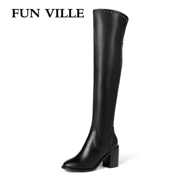 

FUN VILLE 2018 New Style Women over the knee Boots Genuine Leather Winter High heel Boots Warm Pointed toe Zipper Big size 34-45