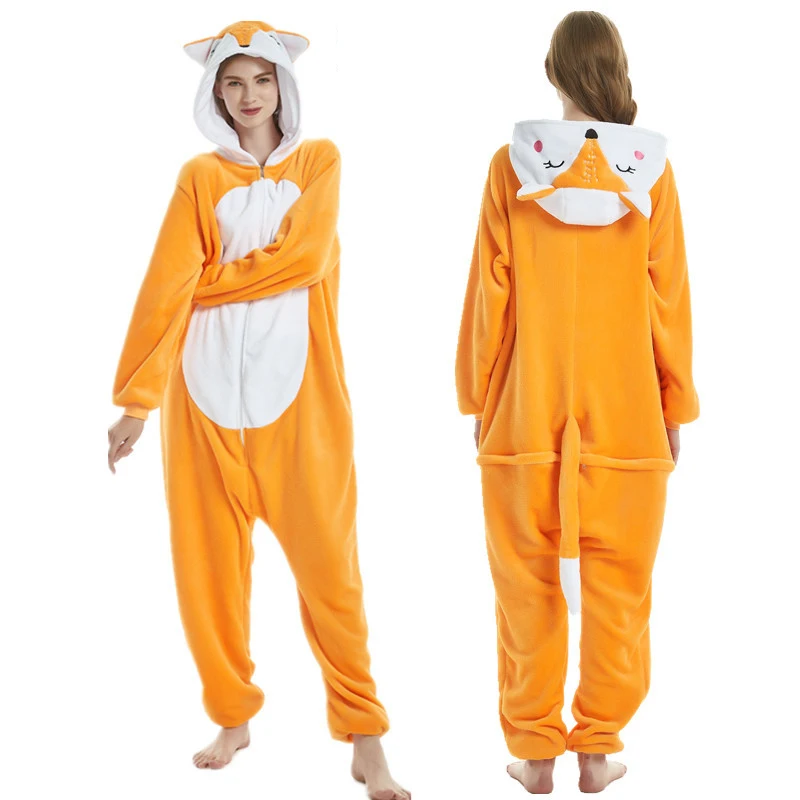 Хэллоуин Взрослые пижамы Аниме наборы мультфильм пижамы Женские Фланелевые животные панда единорог пижамы зимние теплые с капюшоном - Цвет: Fox