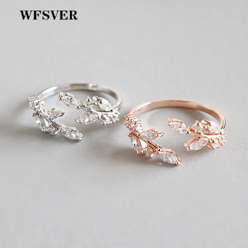 

WFSVER women rose gold/silver 925 sterling silver ring bohemia with white crystal leaf shape ring opening adjustable jewelry