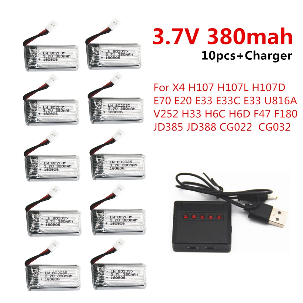 10pcs 3.7V 380mAh LiPo Battery with 5in1USB Charger For E33 E33C U816A V252 H33 H6C JD385 JD388 Hubsan H107 | Игрушки и хобби