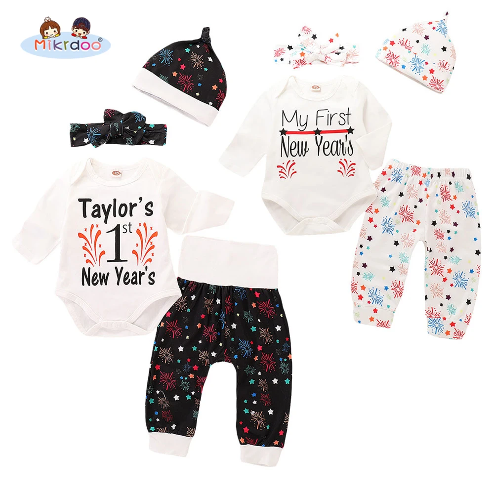 

Toddler Baby Cute My First Christmas Letters Print Clothes Set Cartoon Long Sleeve Romper Pant Hat Headband Cotton Outfit