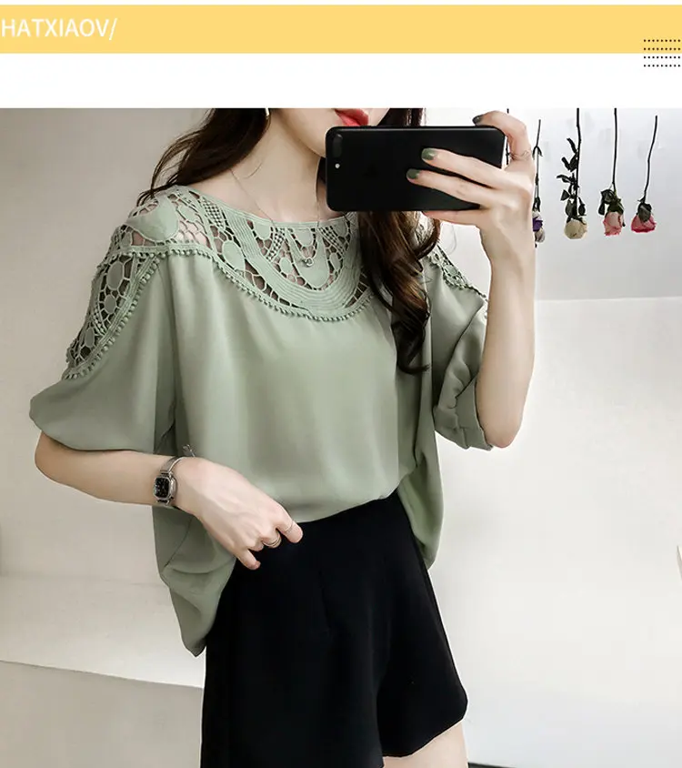 New Summer Tops Large Size Chiffon Blouses Women Korean-style Hollow Lace Patchwork Shirts Femme Casual Short Sleeve Blusas Mujer De Moda 2019 (5)