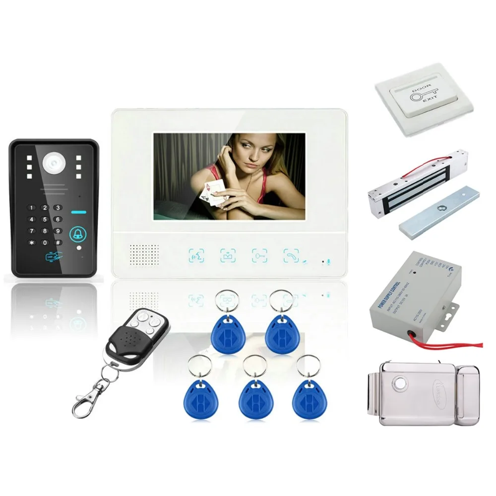 

Home Security Wired Touch Key 7" Video Door Phone Intercom System 1 RFID Keypad Code Number Doorbell Camera 1 Monitor +Locks