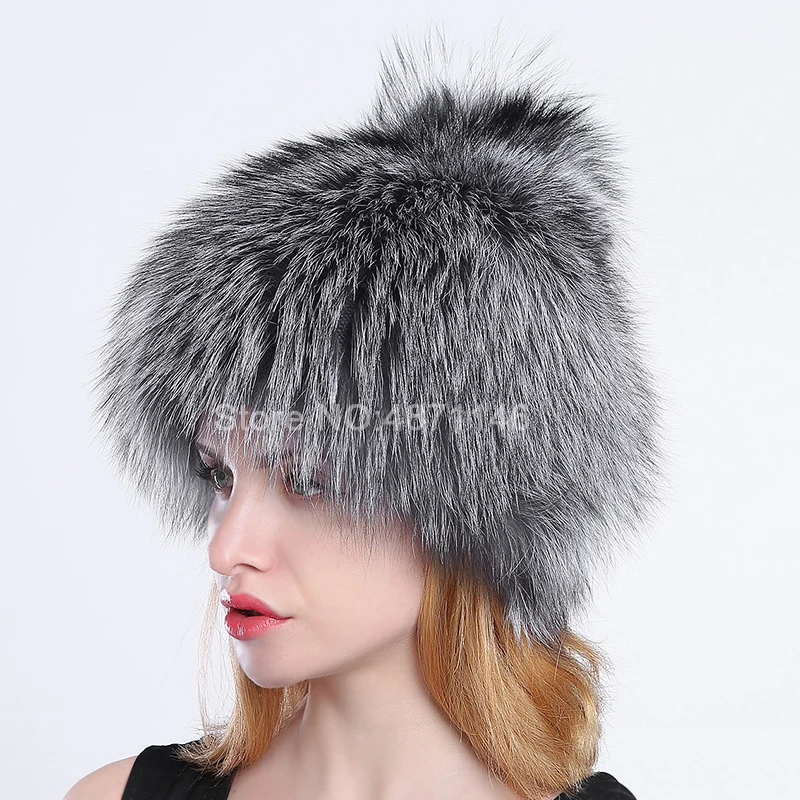 

Women's Female Winter 100%Real Fox Fur Hat lady Warm kintting woollen lining natural fox fur headwear hats caps Skullies Beanies