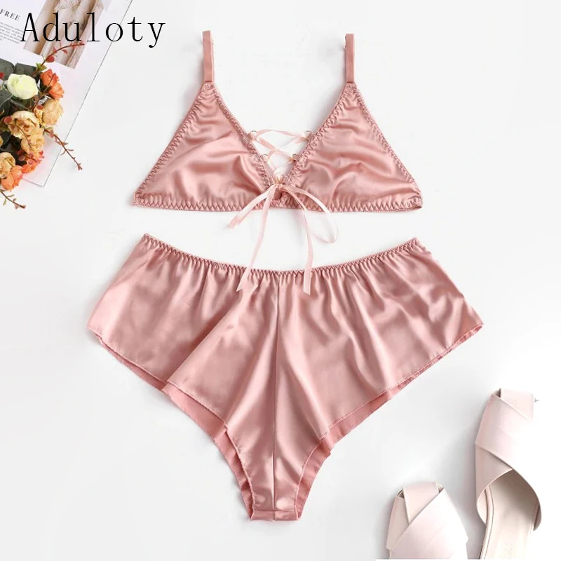 

Aduloty Sleepwear Suit with Triangle Cup Ultra-thin Bra Shorts Comfortable Silk Satin Summer Female Sexy Home Suit