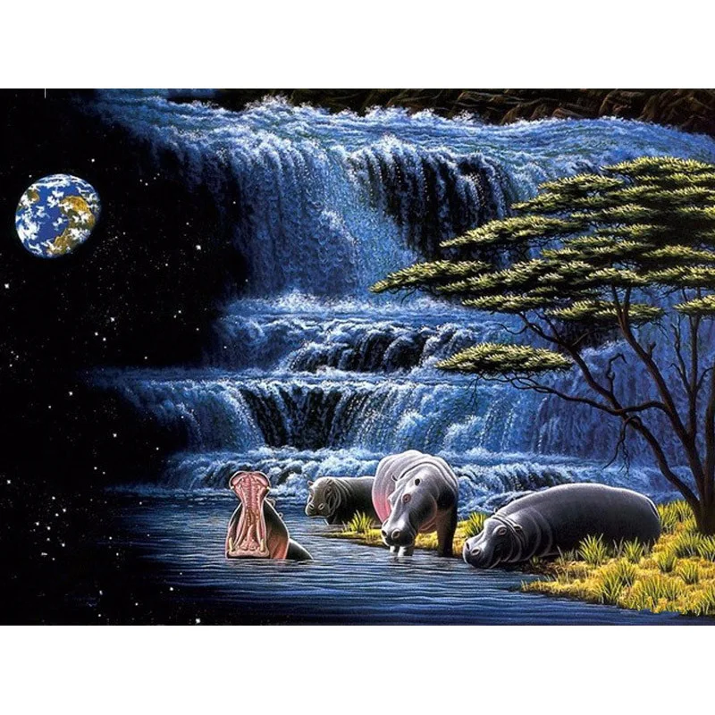5D DIY Diamond Painting Landscape Waterfall Crystal Diamond Painting Cross Stitch Hippo Scenic Needlework Home Decorative
