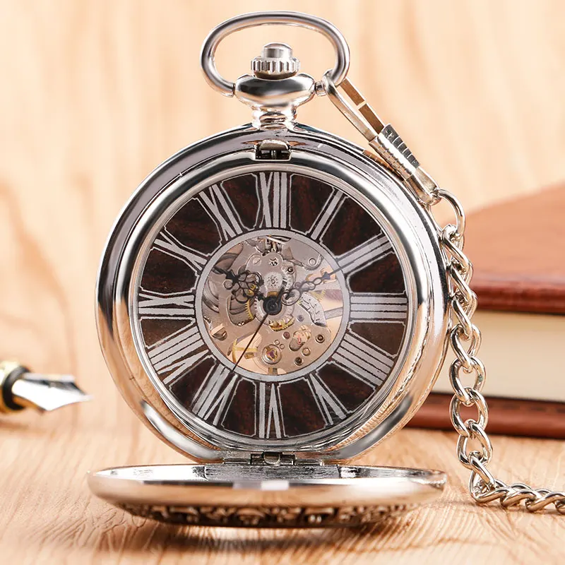 Vintage Wood Mechanical Pocket Watch Roman Numerals Creative Carving Flower Dial Wooden Watches Pendant Chain Women 5