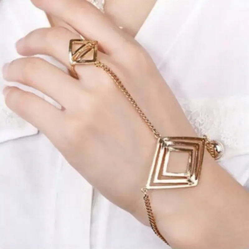 

Trend Jewelry Punk Gold Rhombic Multilayer Chain Finger Ladder Hand Harness Hand Chain Bracelet Slave Bracelet Free Shipping